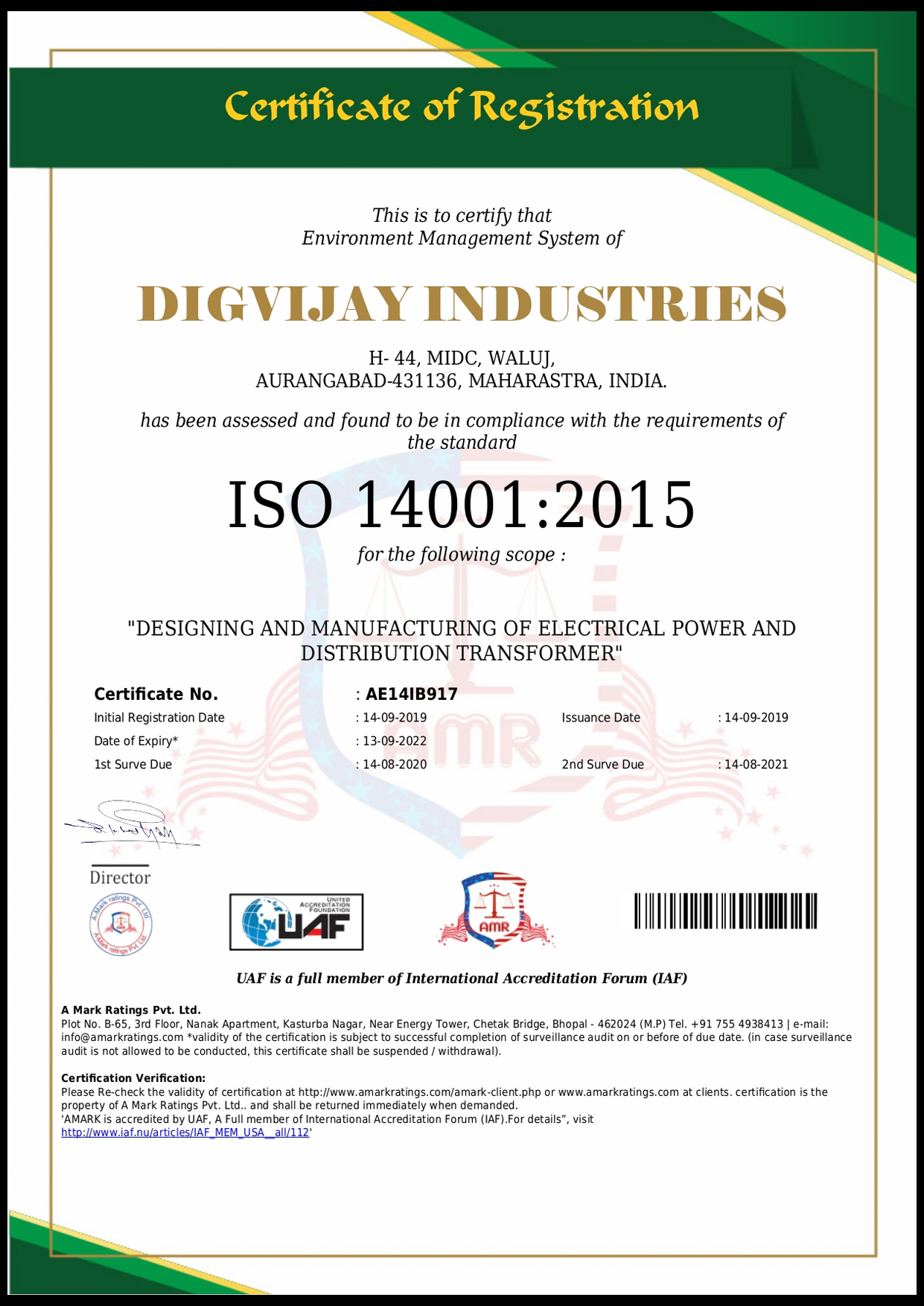 Digvijay Industries Quality Certificate